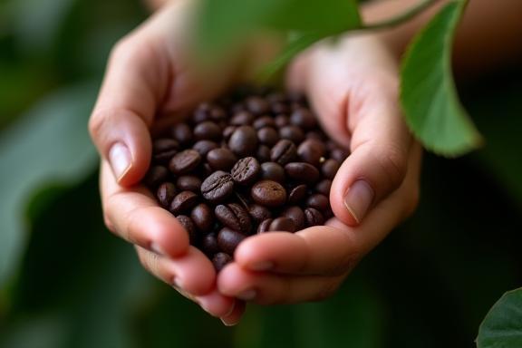 A hand gently holding a handful of dark, ethically sourced coffee beans with a lush green coffee plant in the background, symbolizing sustainable agriculture.